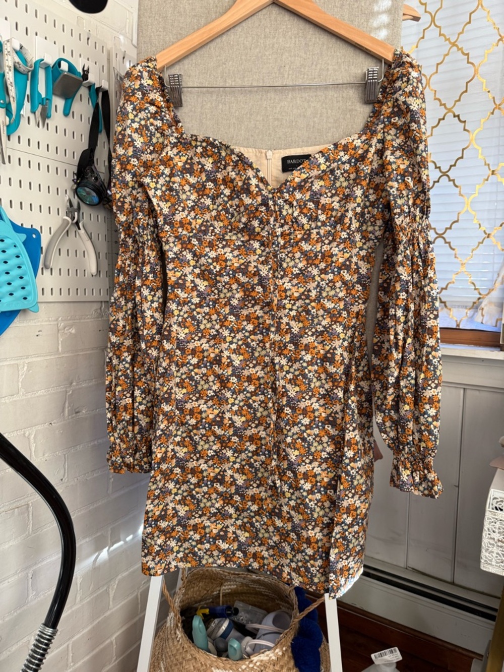 Bardot Floral Puff Sleeve Mini Dress in Brown/Yellow